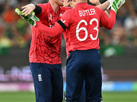 Ben Stokes of England celebrates wicket of Iftikhar Ahmed of Pakistan during ICC Men's T20 World Cup match between Pakistan and England at M...