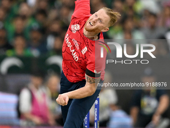 Ben Stokes of England bowls during the Pakistan v England Mens T20 Cricket World Cup Final match at the Melbourne Cricket Ground on November...