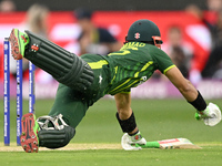 Mohammad Rizwan of Pakistan dives into his crease during the Pakistan v England Mens T20 Cricket World Cup Final match at the Melbourne Cric...