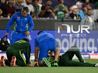 Shaheen Shah Afridi of Pakistan reacts to injuring himself during the Pakistan v England Mens T20 Cricket World Cup Final match at the Melbo...