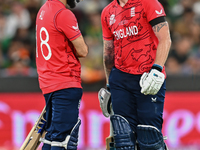 Moeen Ali and ben Stokes of England during the ICC Men's T20 World Cup match between Pakistan and England at Melbourne Cricket Ground on Nov...