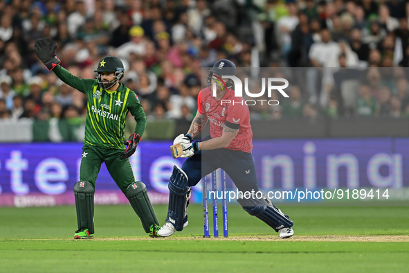 Ben Stokes of England bat during ICC Men's T20 World Cup match between Pakistan and England at Melbourne Cricket Ground on November 13, 2022...