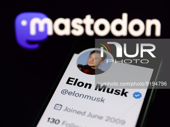 Elon Musk account on Twitter displayed on a phone screen and Mastodon logo displayed on a laptop screen are seen in this illustration photo...