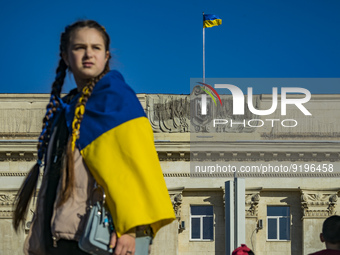 Ukrainian flag in the government building in Kherson after the liberation of the city by the ukrainian army after russian occupation. (Photo...