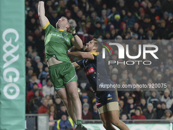 Ireland's Patrick McBrearty challenged by Australia's captain Luke Hodge, during the 2015 EirGrid International Rules Test match, at the Cro...