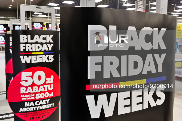 Black Friday Weeks sign is seen in a store in Bonarka shopping center in Krakow, Poland on November 15, 2022. 