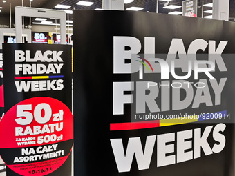Black Friday Weeks sign is seen in a store in Bonarka shopping center in Krakow, Poland on November 15, 2022. (