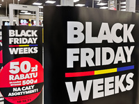 Black Friday Weeks sign is seen in a store in Bonarka shopping center in Krakow, Poland on November 15, 2022. (