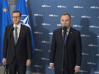 Andrzej Duda President of Poland and Prime Minister Mateusz Morawiecki seen during Polish National Security Council in response to shells ex...