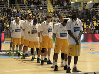 The players of Manital Torino before the serie A match of basketball between Manital Torino and Upea Capo d'Orlando at the Palaruffini of Tu...