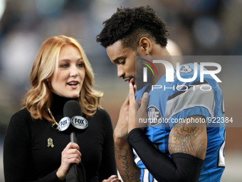 Detroit Lions cornerback Darius Slay (23) is interview by Fox sports sideline reporter after an NFL football game against the Oakland Raider...