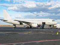 A white passenger plane on the apron without any logo or identification. An Airbus A320 jet aircraft as seen getting loaded with luggage in...