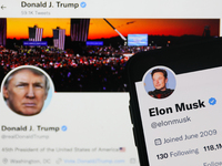 Donald Trump Twitter account displayed on a laptop screen and Elon Musk Twitter account displayed on a phone screen are seen in this illustr...