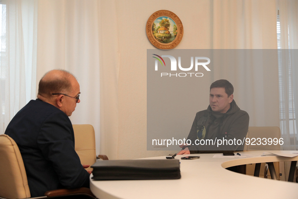 KYIV, UKRAINE - NOVEMBER 22, 2022 - Director-General of the Ukrinform National News Agency Oleksandr Kharchenko and adviser to the head of t...