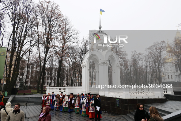 KHARKIV, UKRAINE - NOVEMBER 21, 2022 - A folk ensemble performs during the presentation of the commemorative medal 