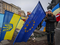 Ukrainian citizens and Polish supporters attend an everyday demonstration of solidarity with Ukraine at the Main Square, on the 273rd day of...