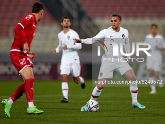Portugal U19 player Gonçalo Esteves (R) during the Preparatory Friendly Tournament U19 2023 soccer match between Malta and Portugal at the...