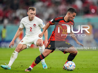 (10) HAZARD Eden of Belgium team battel for possession with (2) JOHNSTON Alistair of Canada team during FIFA World Cup Qatar 2022  Group F f...