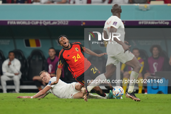 (24) OPENDA Lois of Belgium team battel for possession with (2) JOHNSTON Alistair of Canada team during FIFA World Cup Qatar 2022  Group F f...