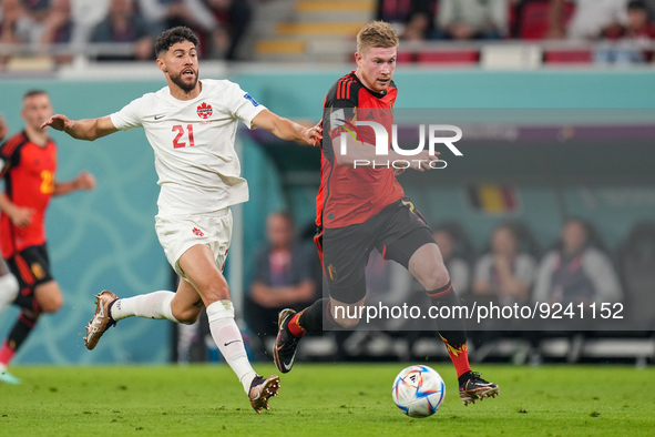 (7) DE BRUYNE Kevin of Belgium team battel for possession with (21) OSORIO Jonathan of Canada team during FIFA World Cup Qatar 2022  Group F...