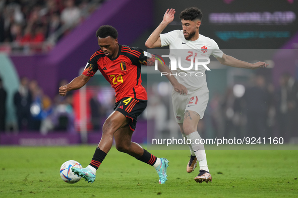 (24) OPENDA Lois of Belgium team battel for possession with (21) OSORIO Jonathan of Canada team during FIFA World Cup Qatar 2022  Group F fo...