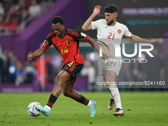 (24) OPENDA Lois of Belgium team battel for possession with (21) OSORIO Jonathan of Canada team during FIFA World Cup Qatar 2022  Group F fo...