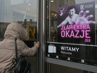 The 'Black Friday' poster seen on a shop window in Krakow's Galeria Krakowska.On Thursday, November 24, 2022, in Krakow, Lesser Poland Voiv...