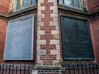 A view of a historical marker to the memory of John Robinson, Pastor of the English church in Leiden from 1609 to 1625. In Leiden, on Novemb...