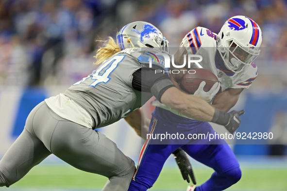 Buffalo Bills wide receiver Isaiah McKenzie (6) is tackled by Detroit Lions linebacker Alex Anzalone (34) during an NFL football game betwee...