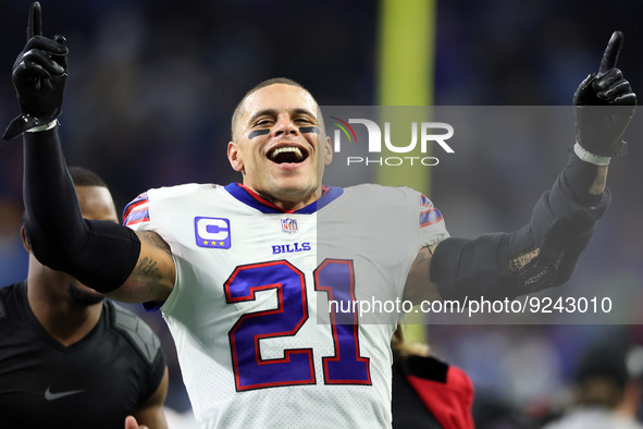 Buffalo Bills safety Jordan Poyer (21) celebrates a Bills win at the conclusion of NFL football game between the Detroit Lions and the Buffa...