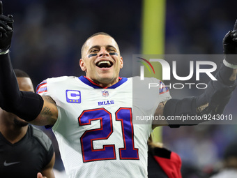 Buffalo Bills safety Jordan Poyer (21) celebrates a Bills win at the conclusion of NFL football game between the Detroit Lions and the Buffa...