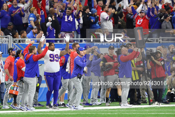 Buffalo Bills head coach Sean McDermott celebrates during the second half of an NFL football game between the Detroit Lions and the Buffalo...