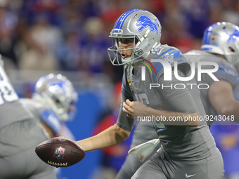 Detroit Lions quarterback Jared Goff (16) looks to pass during the second half of an NFL football game between the Detroit Lions and the Buf...