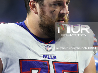 Buffalo Bills guard Greg Van Roten (75) walks off the field after the conclusion of an NFL football game between the Detroit Lions and the B...