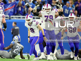 Buffalo Bills place kicker Tyler Bass (2) celebrates after making the winning kick at the conclusion of NFL football game between the Detroi...
