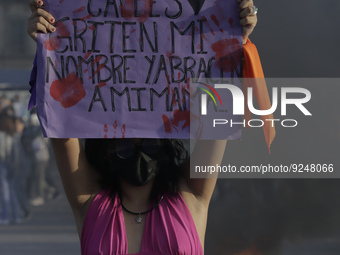 A member of the feminist Black Bloc holds a banner while other women burn posters in Mexico City's Zócalo to mark the International Day for...