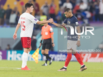 Christian Norgaard , Kylian Mbappe  during the World Cup match between France vs Denmark, in Doha, Qatar, on November 26, 2022. (