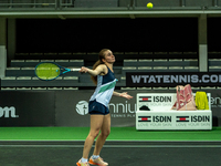 Dania Singur of Ukraine in action against Georgina Garcia Perez of Spain during the Credit Andorra Open Women's Tennis Association (WTA) ten...