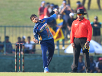 Sri Lanka’s Dunith Wellalage delivers a ball during the final one-day international cricket match between Sri Lanka and Afghanistan at the P...