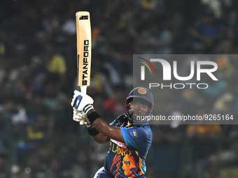 Sri Lanka’s Charith Asalanka plays a shot during the final one-day international cricket match between Sri Lanka and Afghanistan at the Pall...