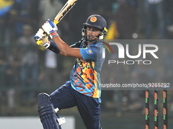 Sri Lanka’s Dunith Wellalage plays a shot during the final one-day international cricket match between Sri Lanka and Afghanistan at the Pall...