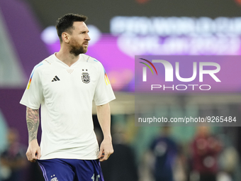 Lionel Messi right winger of Argentina and Paris Saint-Germain during the warm-up before the FIFA World Cup Qatar 2022 Group C match between...