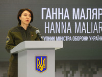 Deputy Minister of Defense of Ukraine Hanna Maliar speaks standing next to a dud warhead imitating a nuclear part of a Kh-55SM strategic cru...