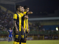 Football players of Malysia Tigers goes on defense postion during the highly anticipated international friendly game against the Philippine...