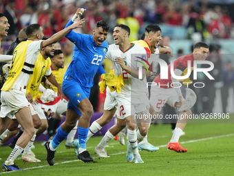 Morocco players celebrate victory after the FIFA World Cup Qatar 2022 Group F match between Canada and Morocco at Al Thumama Stadium on Dece...