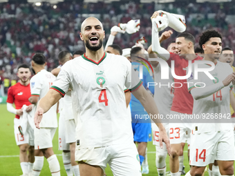 Sofyan Amrabat defensive midfield of Morocco and ACF Fiorentina celebrates victory after the FIFA World Cup Qatar 2022 Group F match between...