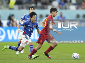 Takefusa Kubo Right Winger of Japan and Real Sociedad and Pedri central midfield of Spain and FC Barcelona  compete for the ball during the...