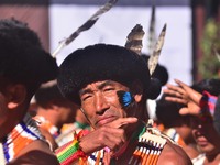 

A Chakhesang Naga is gesturing as they wait to perform on the fourth day of the Hornbill Festival at the Naga Heritage Village Kisama, som...