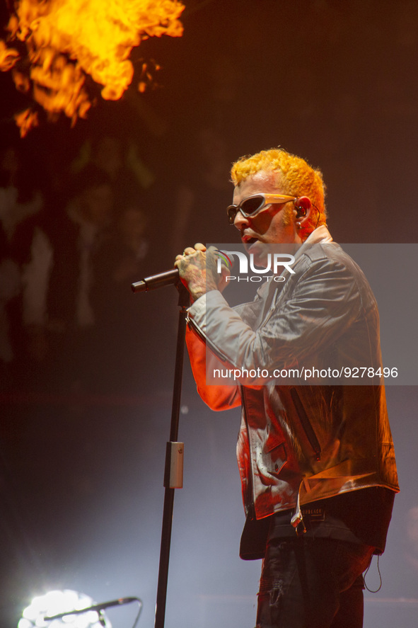 
Salmo is performing on stage during the Italian singer Music Concert Salmo - Flop Tour on December 2, 2022 at the PalaFlorio in Bari, Italy...