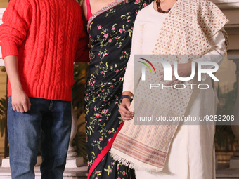 

Bollywood Actress Kajol, Actor Vishal Jethwa, and Film Director Revathy are posing for photographs during a promotional event of their upc...